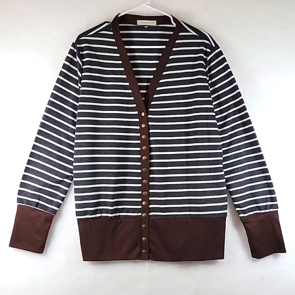 HIPSTER ROW Cardigan Gray White Striped with Brown Trim Snap Down Size 2XL